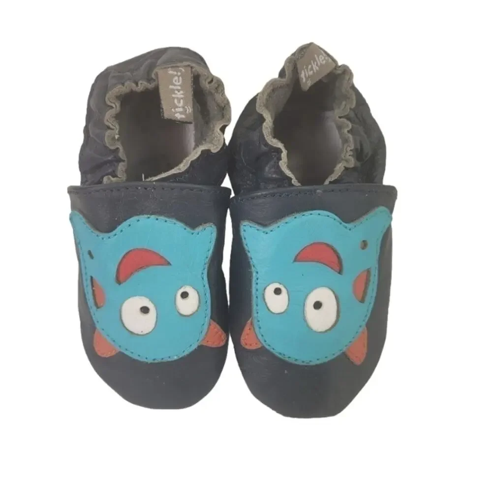 TOMMY Tickle Blue Silly Ghost Leather Crib Shoes Soft Sole Moccasins Sz. M 6-12